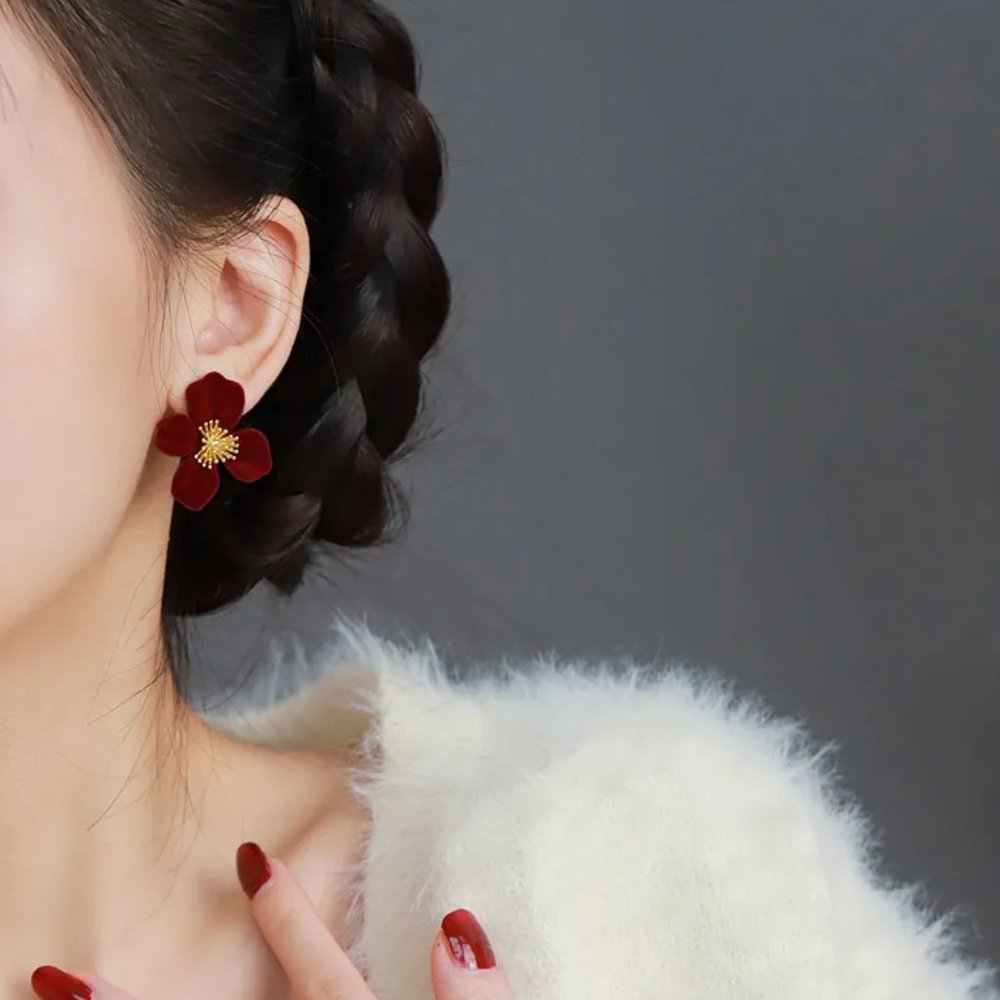 Burgundy Red Flocking Flower in Bloom Floral Stud Earrings NEW - Picture 2 of 7